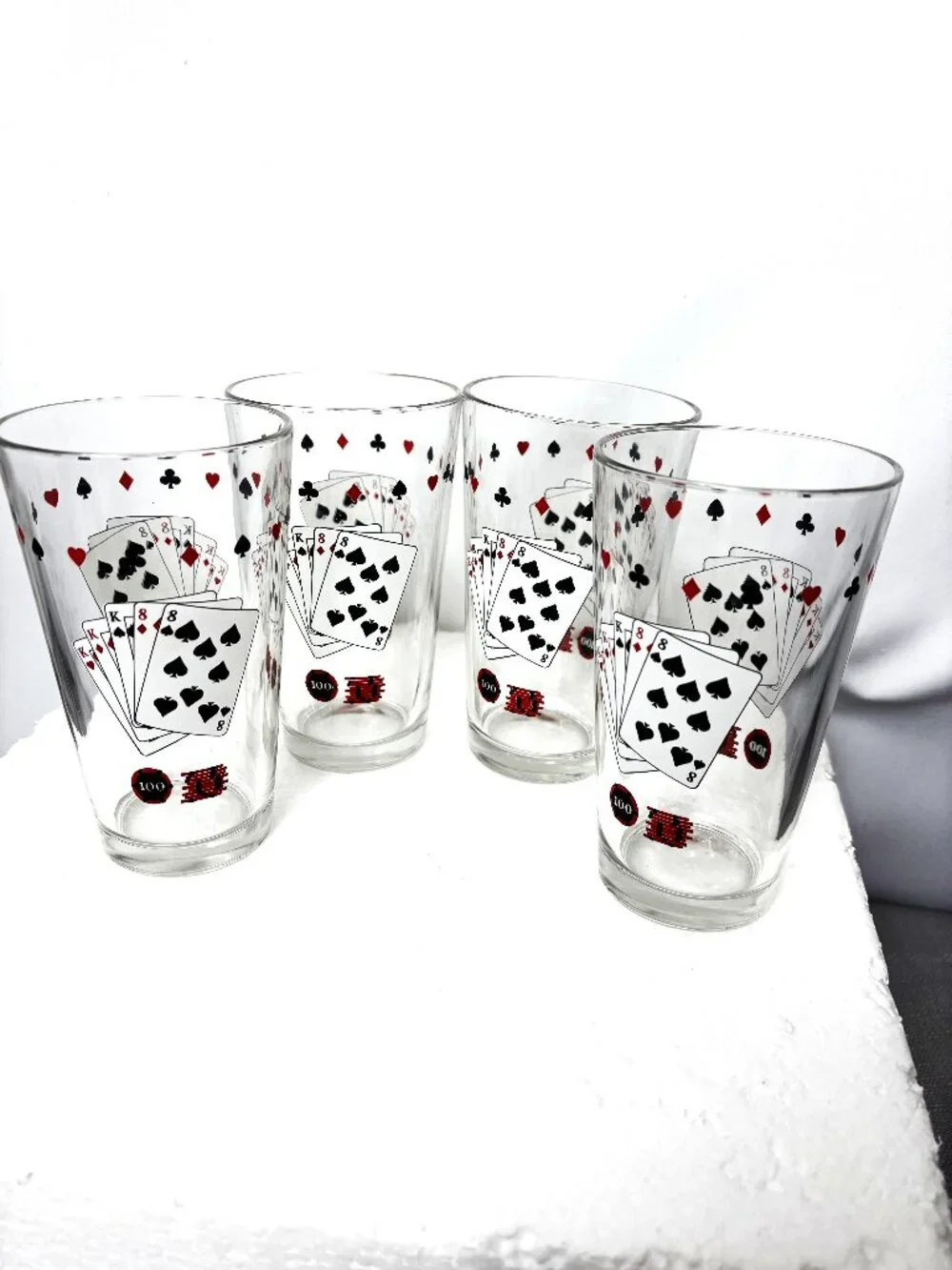 VTG Barware Set of 4 Beer Glasses Full House Playing Cards  w/ Poker Chips